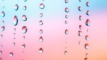 Fresh raindrops on glass reflecting a pastel sky gradient background photo