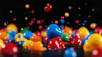 Multicolored paint bubbles with splashes and streaks isolated on a black background photo