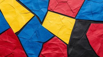 Textured paper shapes in bold red yellow and blue with intersecting thin black lines photo