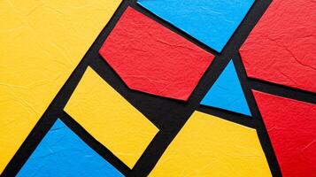 Textured paper shapes in bold red yellow and blue with intersecting thin black lines photo