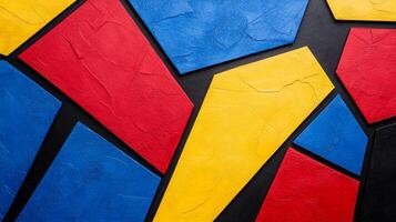 Textured paper shapes in bold red yellow and blue with intersecting thin black lines photo