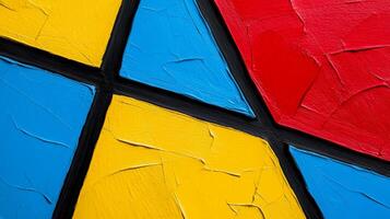 Textured paper shapes in bold red yellow and blue with intersecting thin black lines photo