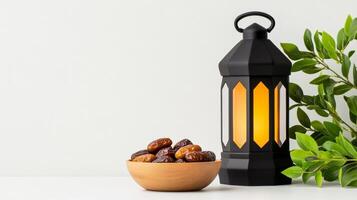 Ramadan lantern and dates on white background photo