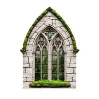 An old stone window with moss growing on it photo