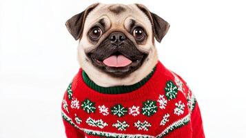 A pug dog wearing a red and green sweater photo