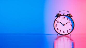 Abstract clock with melting numbers on a vibrant gradient background of midnight blue to neon pink photo