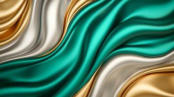 Abstract swirling ribbons of gold and silver on a deep navy to emerald green gradient photo