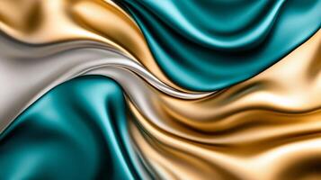 Abstract swirling ribbons of gold and silver on a deep navy to emerald green gradient photo