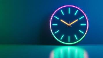 Abstract digital countdown clock with neon glitch effects on a gradient from dark blue to lime green photo