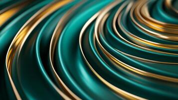 Abstract swirling ribbons of gold and silver on a deep navy to emerald green gradient photo