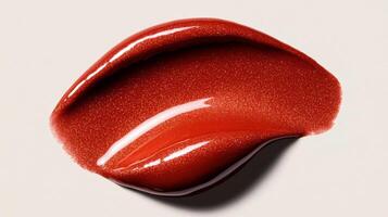 Amber toned lip gloss smear with hints of red shimmer isolated on a soft muted cream background photo
