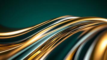 Abstract swirling ribbons of gold and silver on a deep navy to emerald green gradient photo