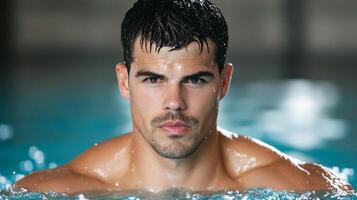 Athletic man swimming laps in an indoor pool water splashing around focused and intense expression photo