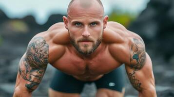 Bald man with a tattooed arm doing push ups on a rugged outdoor trail strength and resilience theme photo