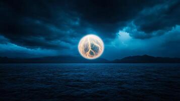 Ball lightning hovering over a darkened field glowing orb of light casting an eerie glow in twilight photo
