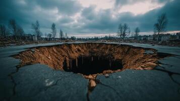 Catastrophic sinkhole forming in a residential area collapsing ground swallowing trees and houses under a cloudy sky photo