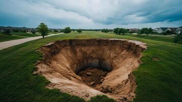 Catastrophic sinkhole forming in a residential area collapsing ground swallowing trees and houses under a cloudy sky photo