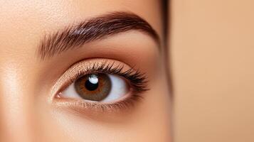 Closeup of golden brown eyebrow gel with tiny microfibers creating a textured pattern against a light tan background photo