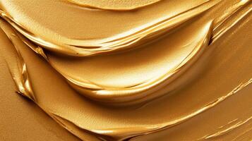 Closeup of golden highlighter cream texture with fine metallic flecks on a smooth surface luxurious beauty product detail photo