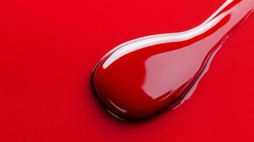 Closeup of ruby red nail polish drop with thick texture glossy finish reflecting light against a smooth background photo