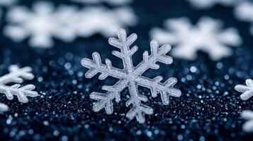 Closeup of translucent snowflake shaped highlighter particles scattered across a deep navy blue surface photo