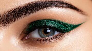 Deep emerald green eyeliner stroke with a metallic sheen sharp edges contrasting against a light beige background photo