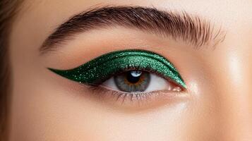 Deep emerald green eyeliner stroke with a metallic sheen sharp edges contrasting against a light beige background photo