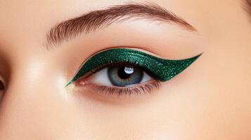 Deep emerald green eyeliner stroke with a metallic sheen sharp edges contrasting against a light beige background photo