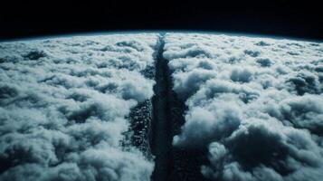 Devastating earthquake fault line splitting across a city from space cracked earth with dust clouds forming photo