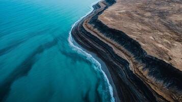 Dramatic coastal erosion after a tsunami from space wave patterns and sediment flow visible along a devastated shoreline photo