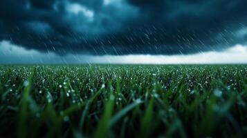 Dramatic hailstorm over an open plain giant ice pellets crashing into tall grass under a dark stormy sky photo