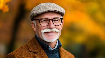Elderly man with a thick white mustache smiling warmly wearing a flat cap and glasses autumn park background photo