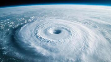 Enormous hurricane eye over the ocean seen from space perfectly circular with swirling white clouds photo