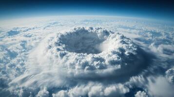 Enormous supercell thunderstorm forming over plains from space swirling cloud formation with a defined center photo