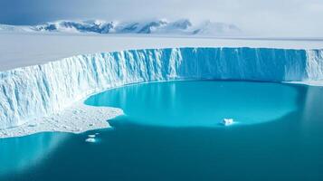 Expansive ice shelf collapsing into the ocean from space cracked icebergs breaking off into turquoise waters photo