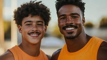 Father and teenage son with matching mustaches smiling while playing basketball on an outdoor court photo