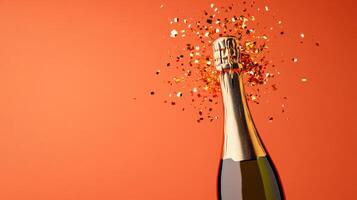 Futuristic champagne bottle exploding into pixelated confetti on a gradient from coral to gold photo