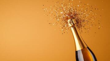 Futuristic champagne bottle exploding into pixelated confetti on a gradient from coral to gold photo