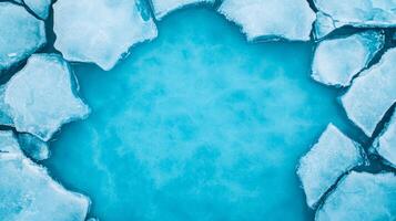 Frozen river slowly thawing from space large chunks of ice breaking apart on a glacial blue background photo