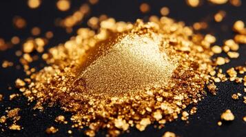 Glittering gold and amber highlighter cream with flecks of red and copper shining on a matte chocolate background photo