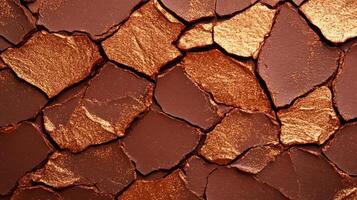 Glittering gold and amber highlighter cream with flecks of red and copper shining on a matte chocolate background photo