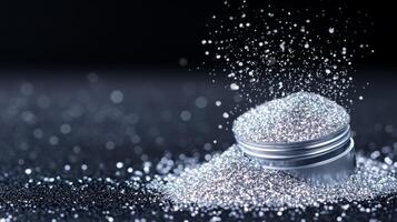 Glittering silver eyeshadow powder spread with uneven texture on a black velvet background twinkling under direct light photo