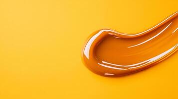 Glossy caramel lip gloss in a thick luminous droplet with highlights catching warm light on a creamy background photo