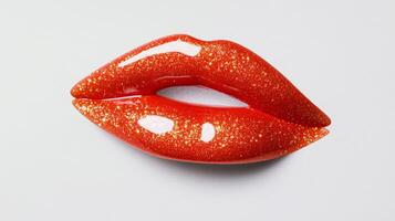 Glossy coral lip gloss blob with tiny golden sparkles on a transparent surface capturing light and depth photo