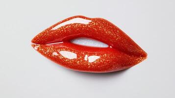 Glossy coral lip gloss blob with tiny golden sparkles on a transparent surface capturing light and depth photo