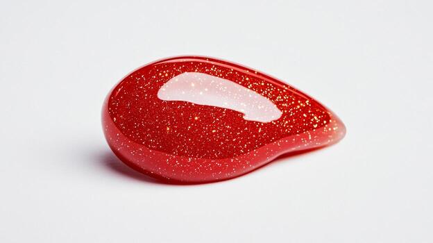 Glossy coral lip gloss blob with tiny golden sparkles on a transparent surface capturing light and depth photo