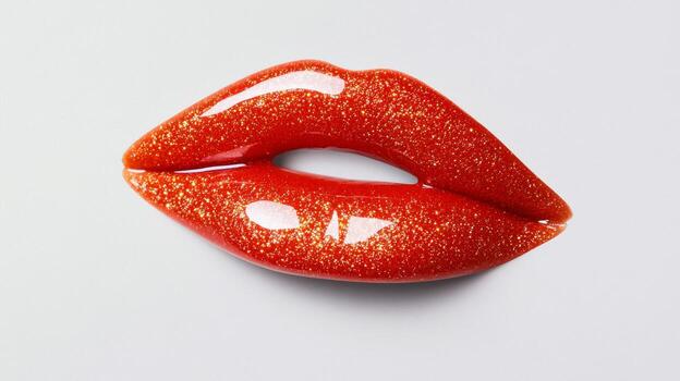 Glossy coral lip gloss blob with tiny golden sparkles on a transparent surface capturing light and depth photo