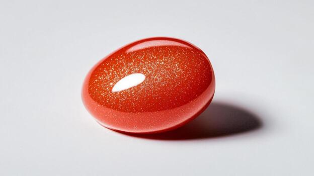 Glossy coral lip gloss blob with tiny golden sparkles on a transparent surface capturing light and depth photo