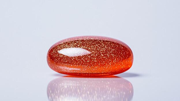 Glossy coral lip gloss blob with tiny golden sparkles on a transparent surface capturing light and depth photo