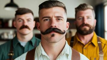 Group of diverse men of different ages all sporting various mustache styles standing together in a barbershop photo